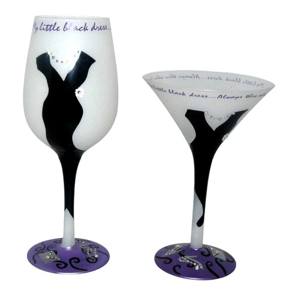 Rare Lolita "Little Black Dress" Wine & Martini Glass Set Hand-Painted Retired - Picture 1 of 4